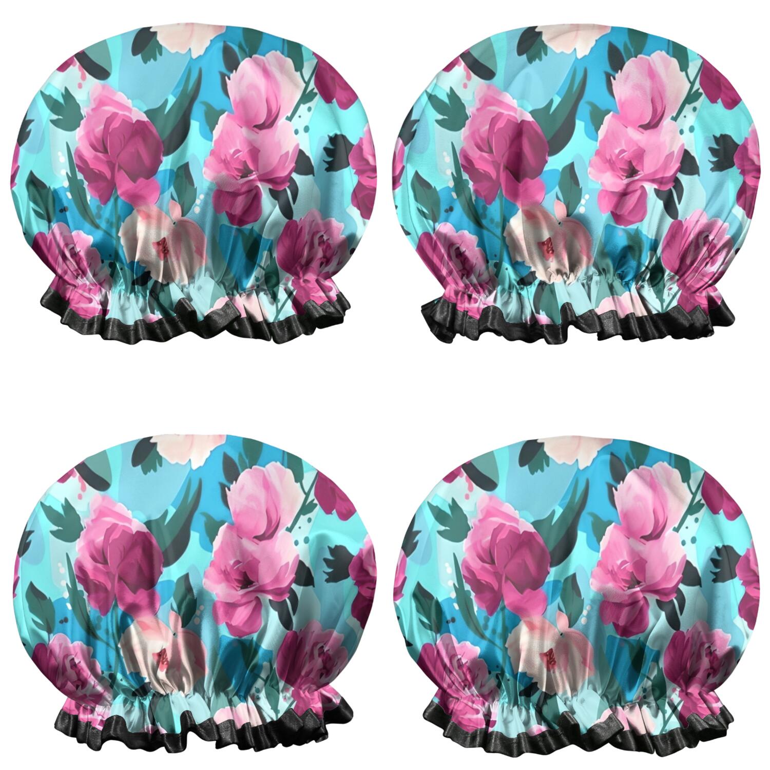 Shower Caps,Pioneer Flower Floral Print Pattern Waterproof Shower Cap for Women 4 Pieces,Double Reusable Hair Cover for Shower PEVA Elastic Stretch Hem