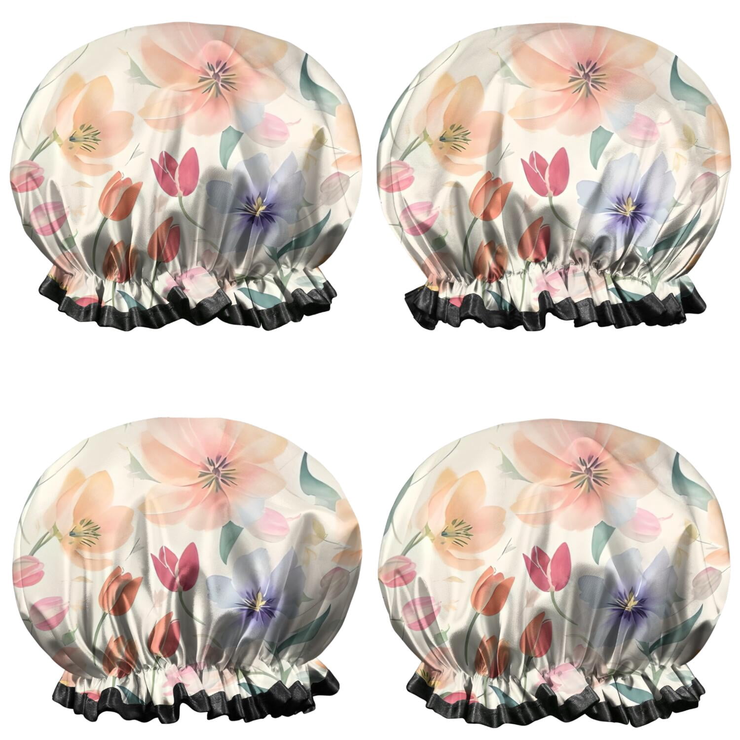 Shower Caps,Pioneer Flower Floral Print Pattern Waterproof Shower Cap for Women 4 Pieces,Double Reusable Hair Cover for Shower PEVA Elastic Stretch Hem