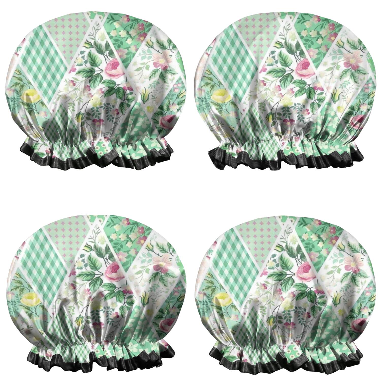 Shower Caps,Pioneer Flower Floral Print Pattern Waterproof Shower Cap for Women 4 Pieces,Double Reusable Hair Cover for Shower PEVA Elastic Stretch Hem