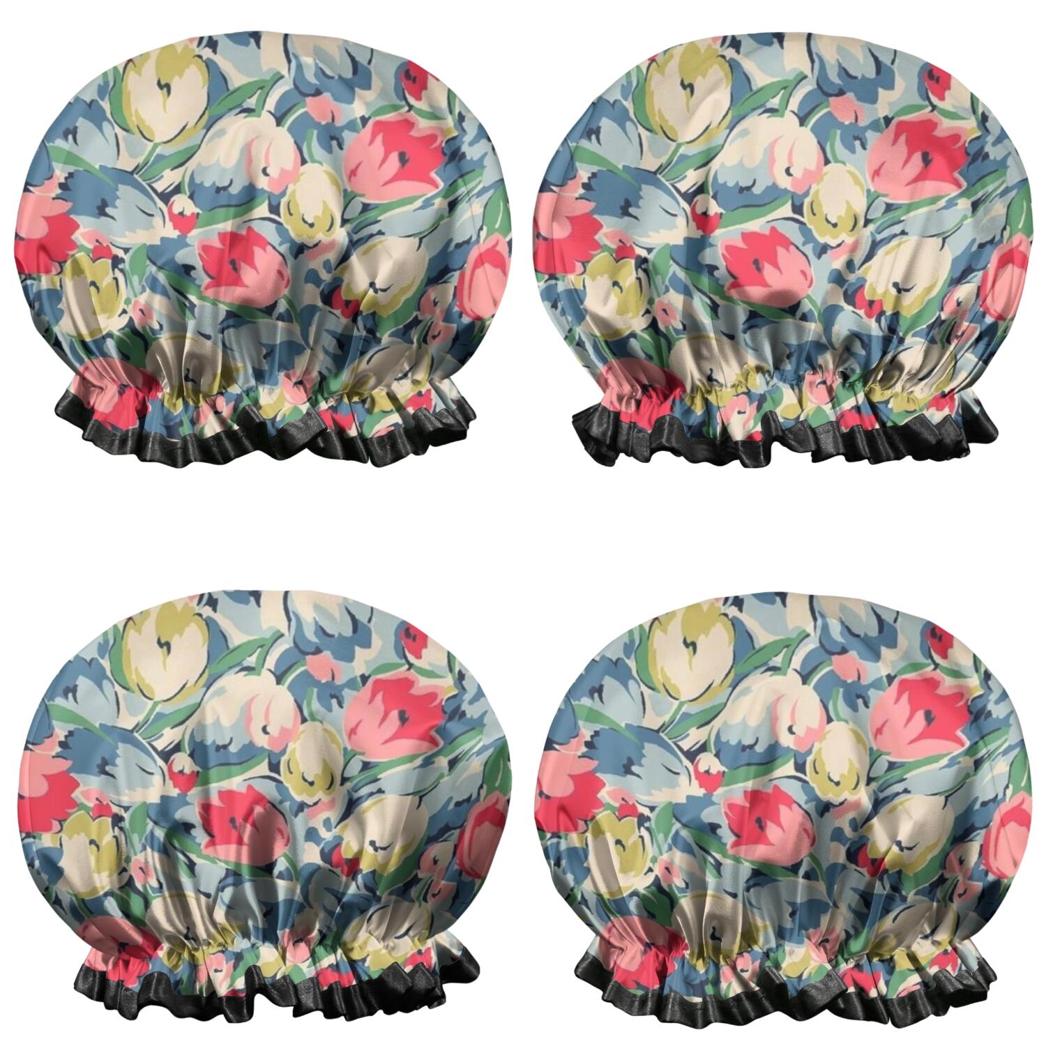Shower Caps,Pioneer Flower Floral Print Pattern Waterproof Shower Cap for Women 4 Pieces,Double Reusable Hair Cover for Shower PEVA Elastic Stretch Hem