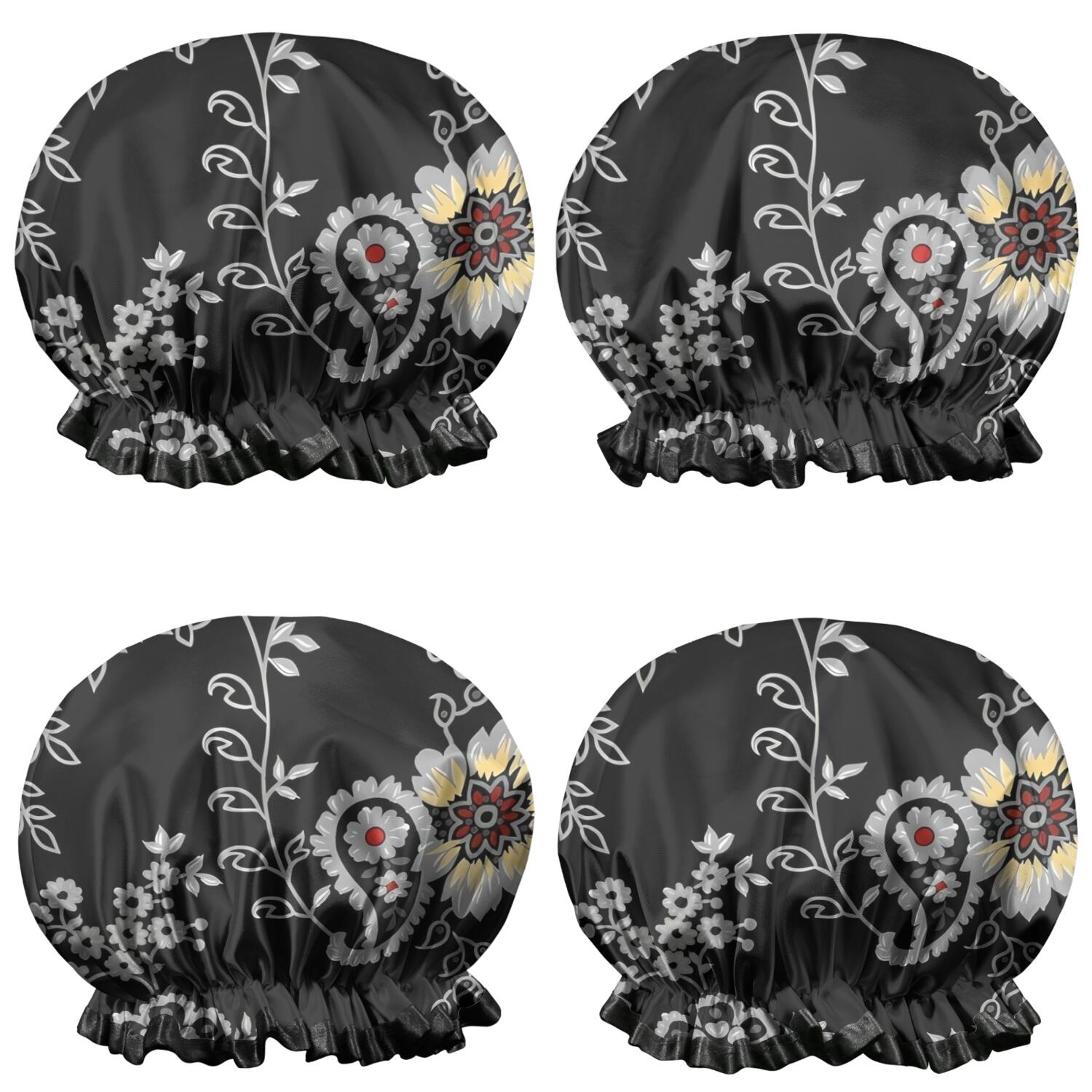 Shower Caps,Pioneer Flower Floral Print Pattern Waterproof Shower Cap for Women 4 Pieces,Double Reusable Hair Cover for Shower PEVA Elastic Stretch Hem