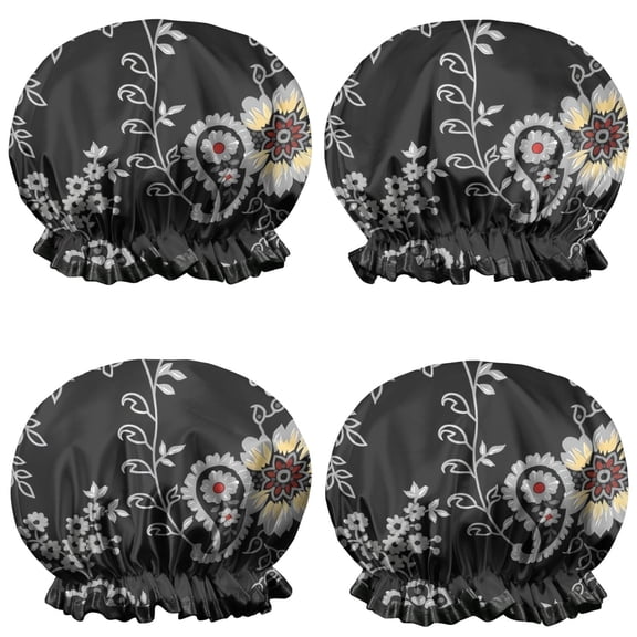 Shower Caps,Pioneer Flower Floral Print Pattern Waterproof Shower Cap for Women 4 Pieces,Double Reusable Hair Cover for Shower PEVA Elastic Stretch Hem