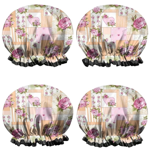 Shower Caps,Pioneer Flower Floral Print Pattern Waterproof Shower Cap for Women 4 Pieces,Double Reusable Hair Cover for Shower PEVA Elastic Stretch Hem