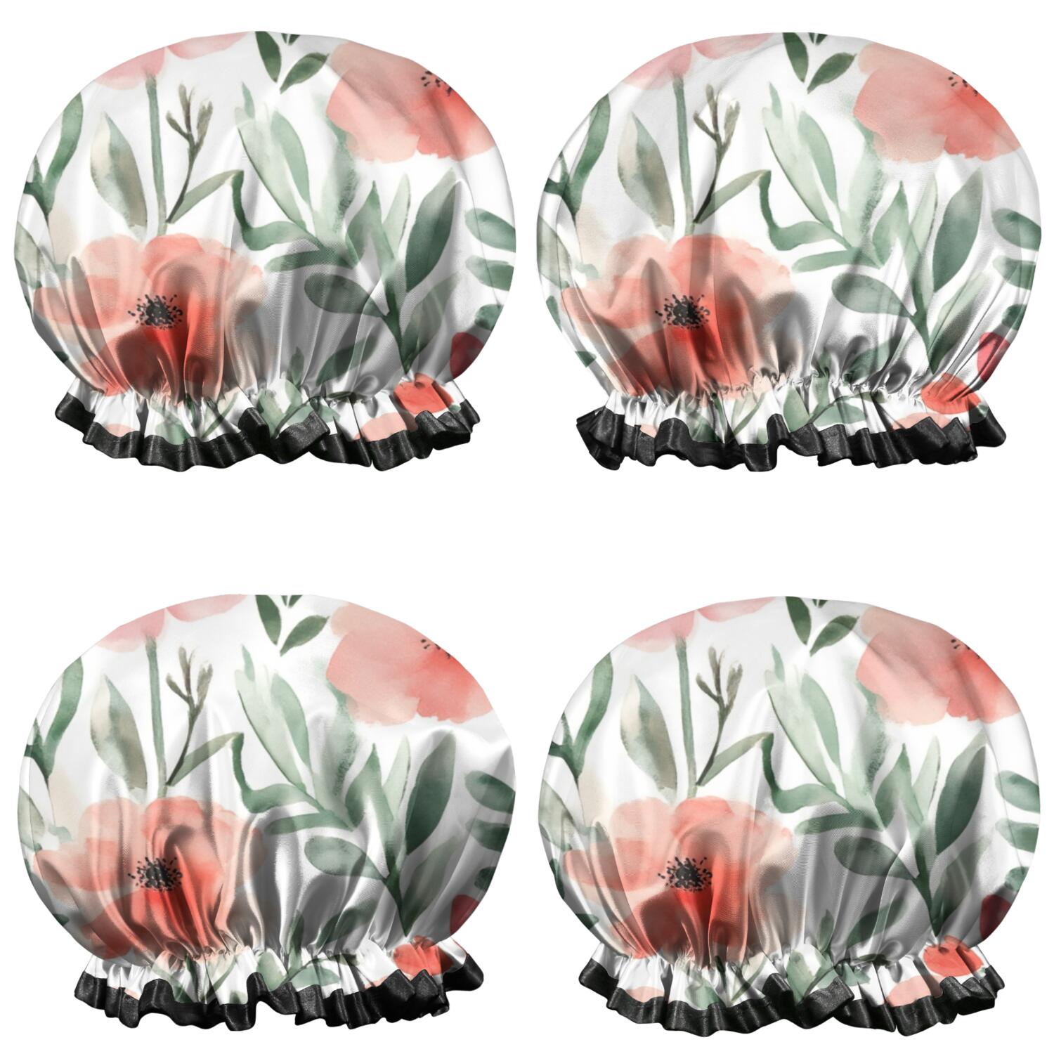 Shower Caps,Pioneer Flower Floral Print Pattern Waterproof Shower Cap for Women 4 Pieces,Double Reusable Hair Cover for Shower PEVA Elastic Stretch Hem