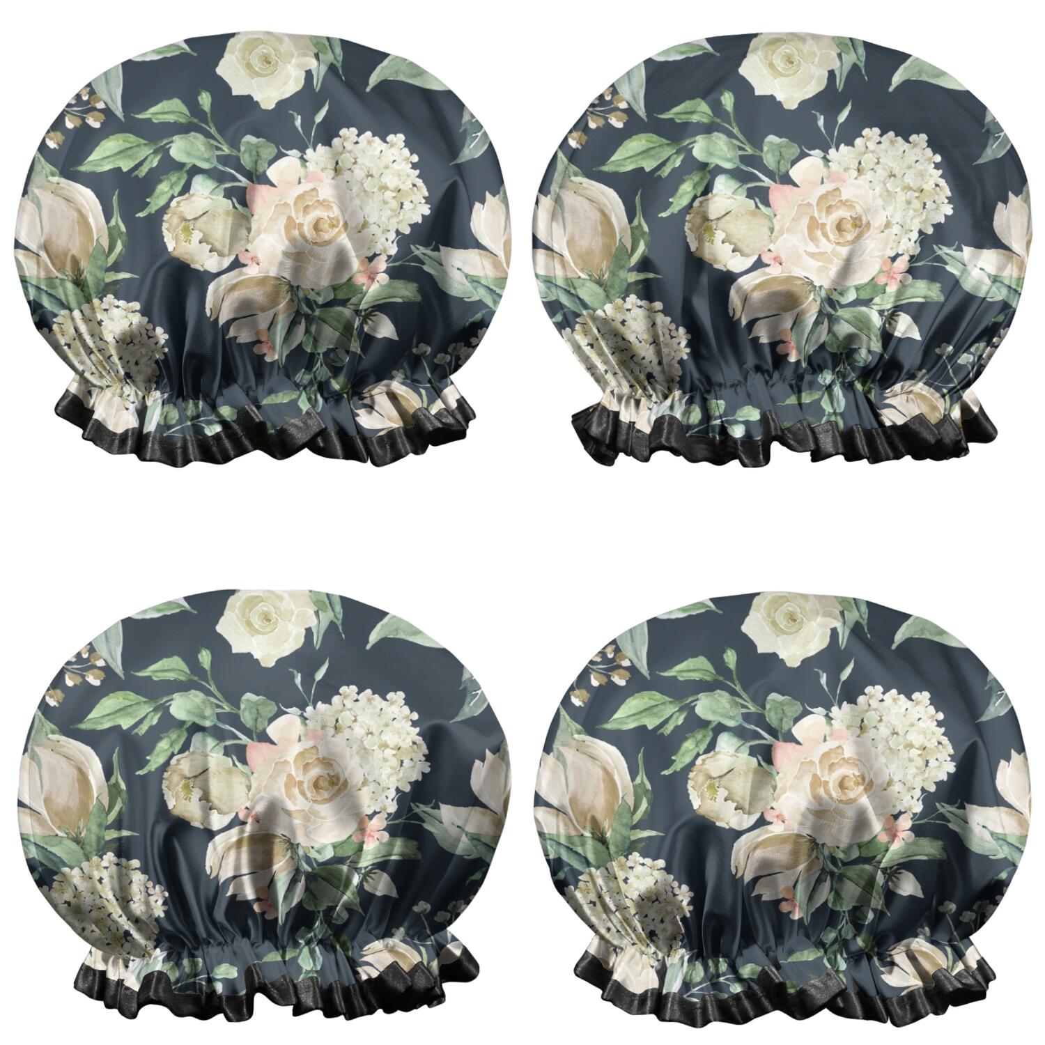 Shower Caps,Pioneer Flower Floral Print Pattern Waterproof Shower Cap for Women 4 Pieces,Double Reusable Hair Cover for Shower PEVA Elastic Stretch Hem