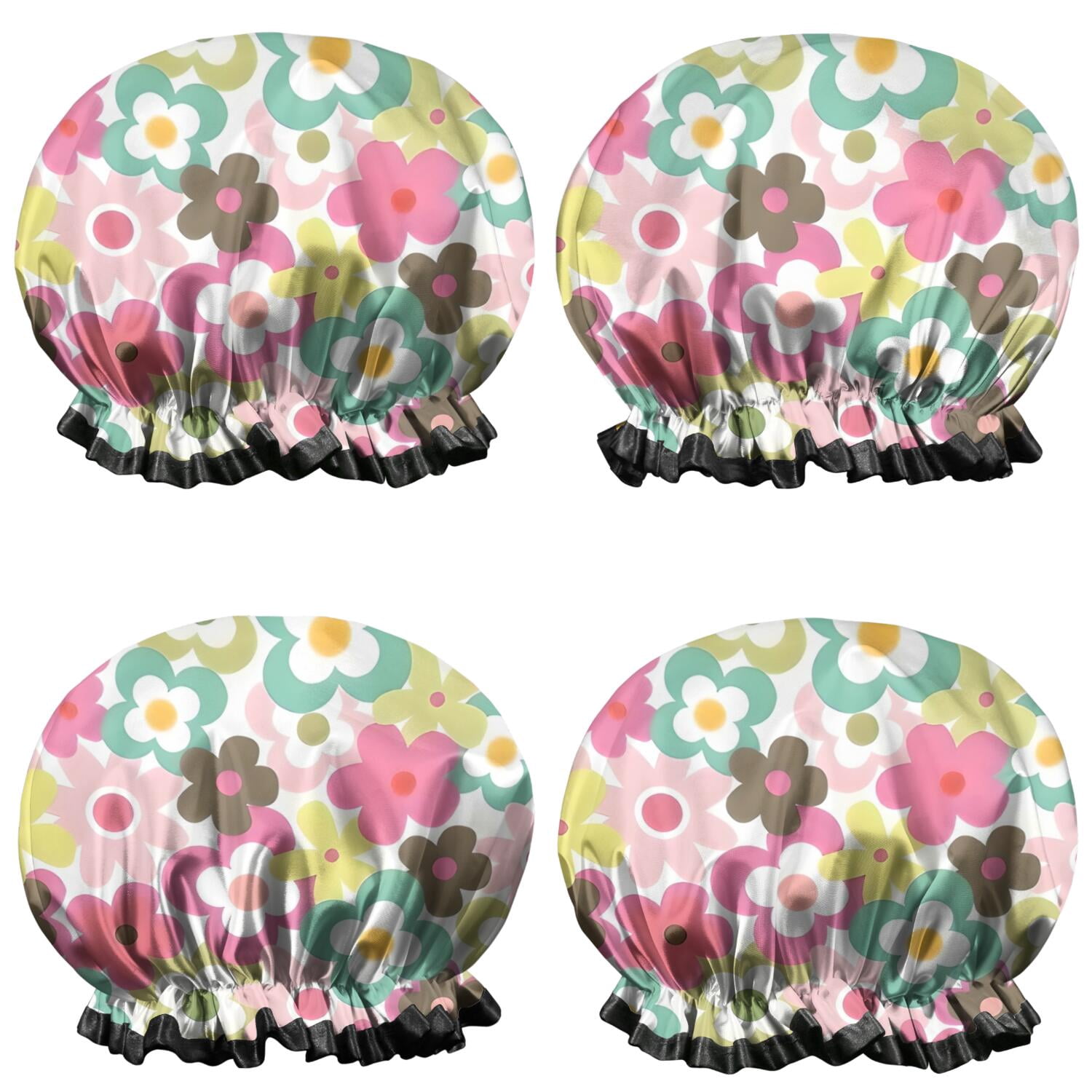 Shower Caps,Pioneer Flower Floral Print Pattern Waterproof Shower Cap for Women 4 Pieces,Double Reusable Hair Cover for Shower PEVA Elastic Stretch Hem