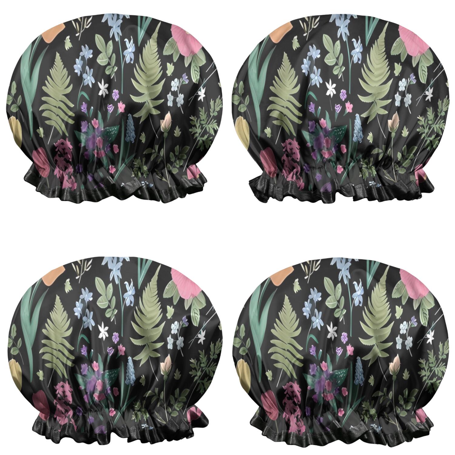 Shower Caps,Pioneer Flower Floral Print Pattern Waterproof Shower Cap for Women 4 Pieces,Double Reusable Hair Cover for Shower PEVA Elastic Stretch Hem