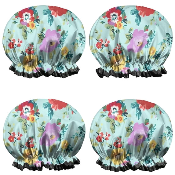 Shower Caps,Pioneer Flower Floral Print Pattern Waterproof Shower Cap for Women 4 Pieces,Double Reusable Hair Cover for Shower PEVA Elastic Stretch Hem