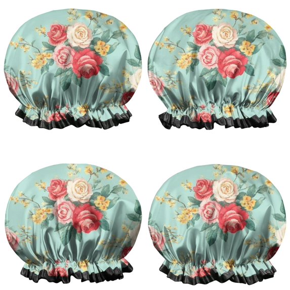 Shower Caps,Pioneer Flower Floral Print Pattern Waterproof Shower Cap for Women 4 Pieces,Double Reusable Hair Cover for Shower PEVA Elastic Stretch Hem