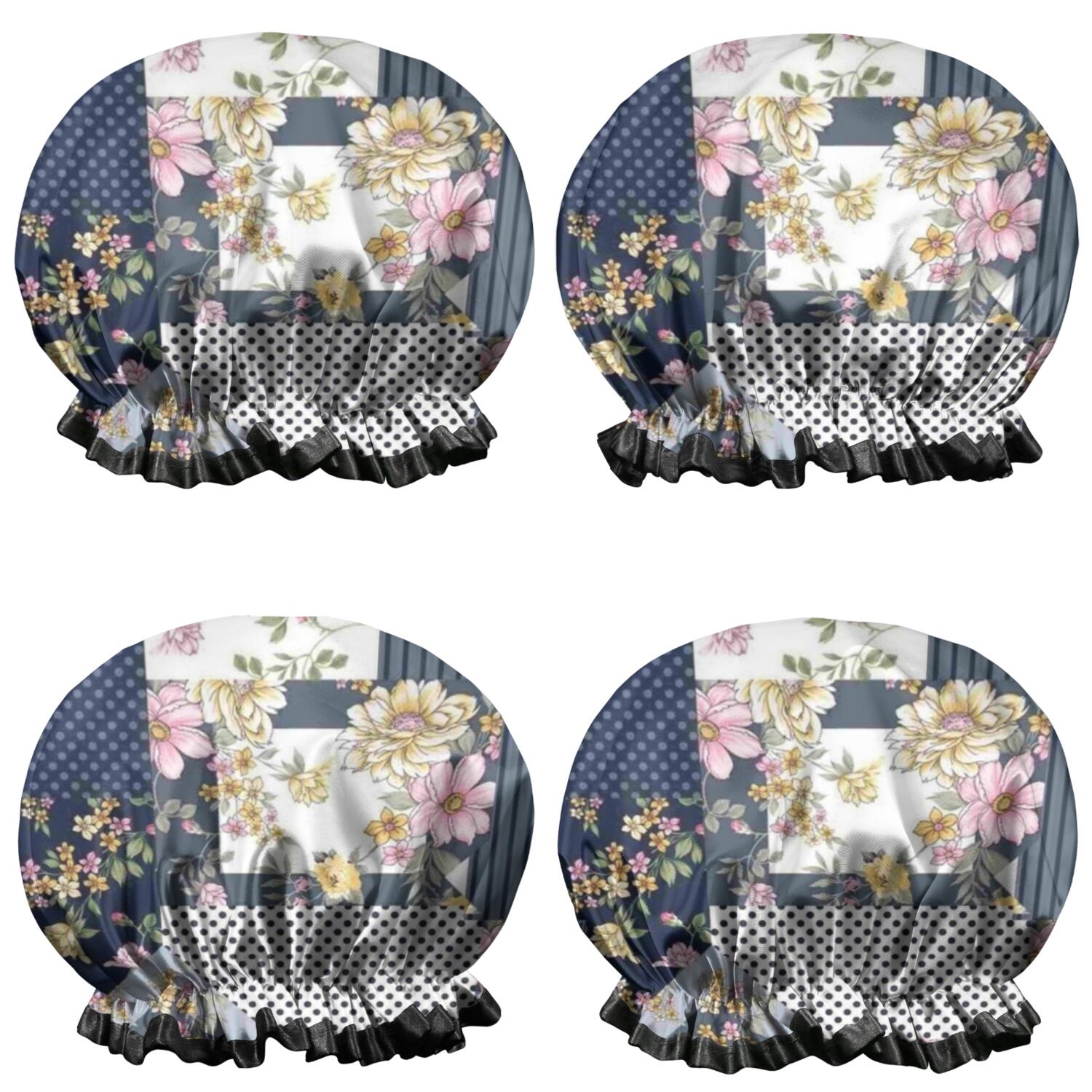 Shower Caps,Pioneer Flower Floral Print Pattern Waterproof Shower Cap for Women 4 Pieces,Double Reusable Hair Cover for Shower PEVA Elastic Stretch Hem