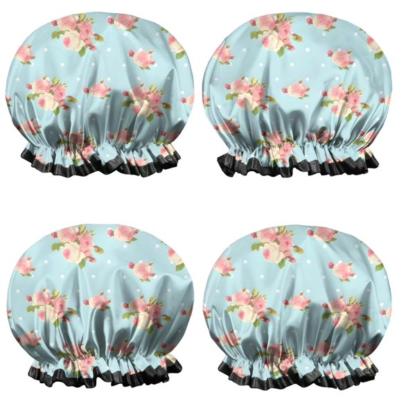 Shower Caps,Pioneer Flower Floral Print Pattern Waterproof Shower Cap for Women 4 Pieces,Double Reusable Hair Cover for Shower PEVA Elastic Stretch Hem