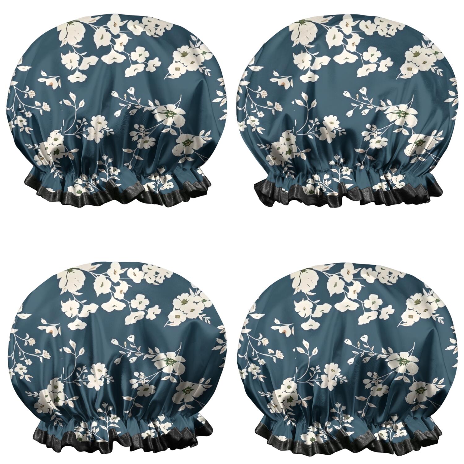 Shower Caps,Pioneer Flower Floral Print Pattern Waterproof Shower Cap for Women 4 Pieces,Double Reusable Hair Cover for Shower PEVA Elastic Stretch Hem