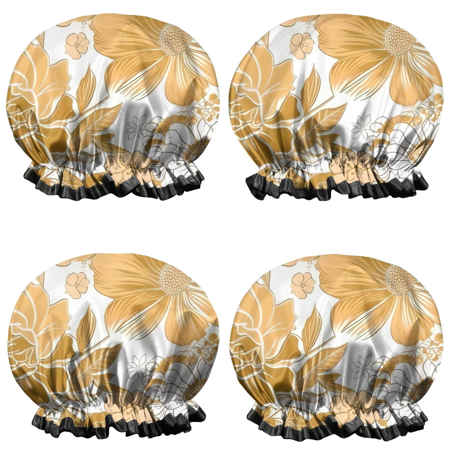 Shower Caps,Pioneer Flower Floral Print Pattern Waterproof Shower Cap for Women 4 Pieces,Double Reusable Hair Cover for Shower PEVA Elastic Stretch Hem