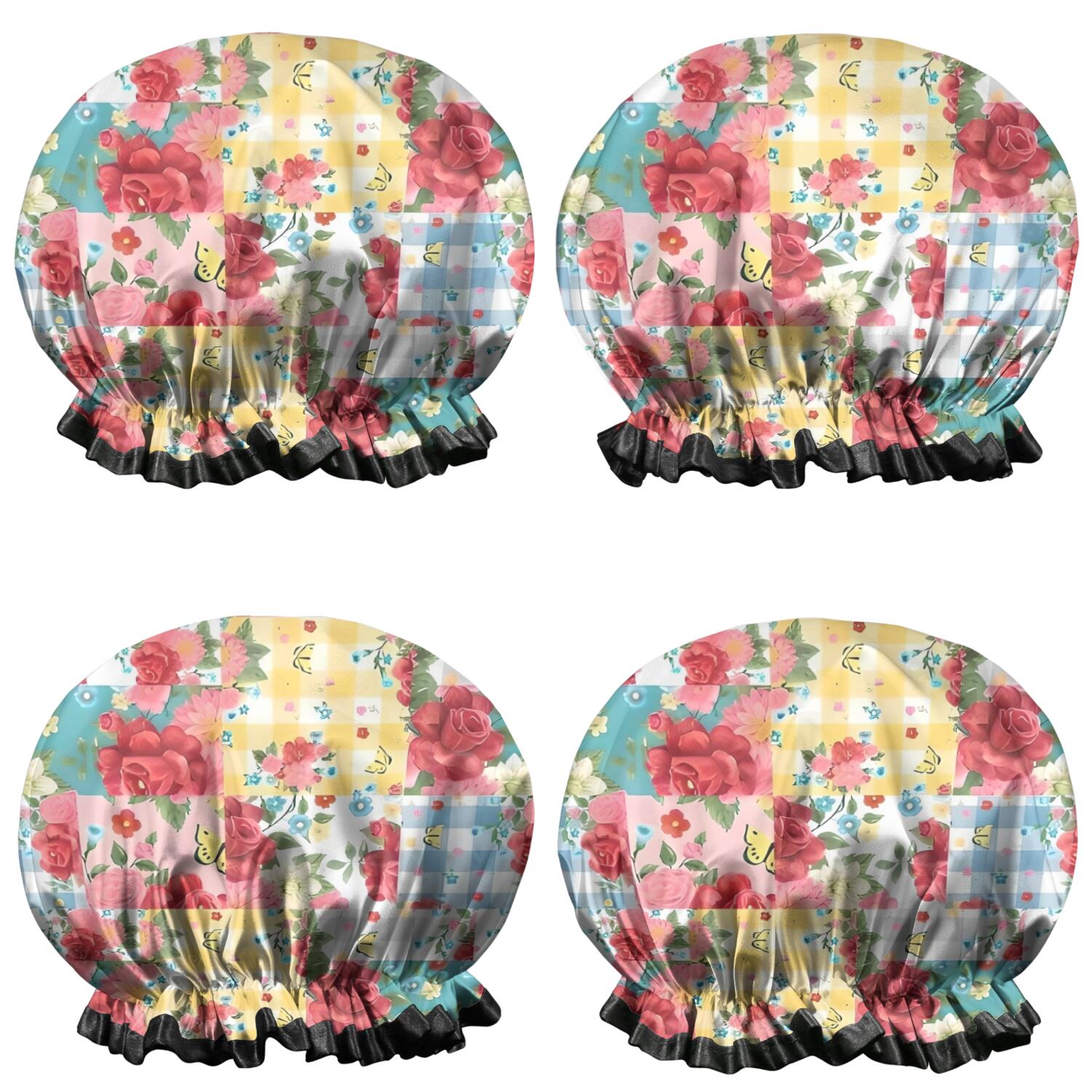 Shower Caps,Pioneer Flower Floral Print Pattern Waterproof Shower Cap for Women 4 Pieces,Double Reusable Hair Cover for Shower PEVA Elastic Stretch Hem