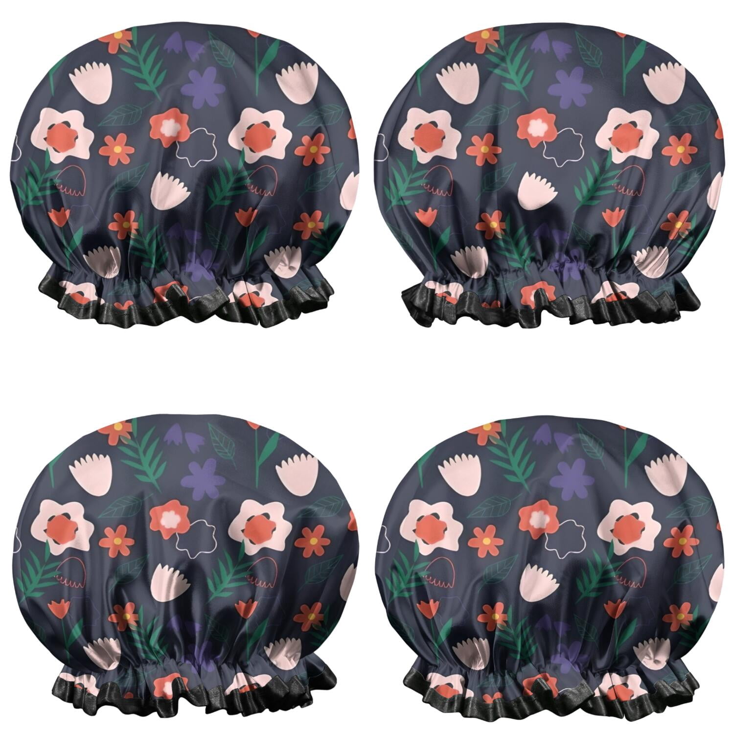 Shower Caps,Pioneer Flower Floral Print Pattern Waterproof Shower Cap for Women 4 Pieces,Double Reusable Hair Cover for Shower PEVA Elastic Stretch Hem