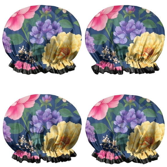 Shower Caps,Pioneer Flower Floral Print Pattern Waterproof Shower Cap for Women 4 Pieces,Double Reusable Hair Cover for Shower PEVA Elastic Stretch Hem