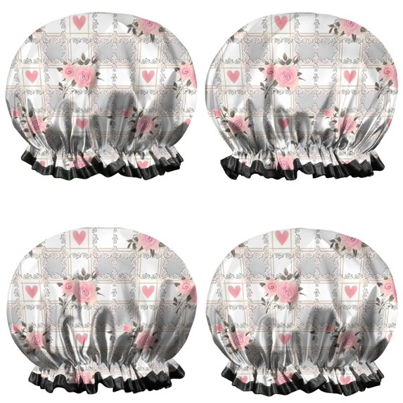 Shower Caps,Pioneer Flower Floral Print Pattern Waterproof Shower Cap for Women 4 Pieces,Double Reusable Hair Cover for Shower PEVA Elastic Stretch Hem