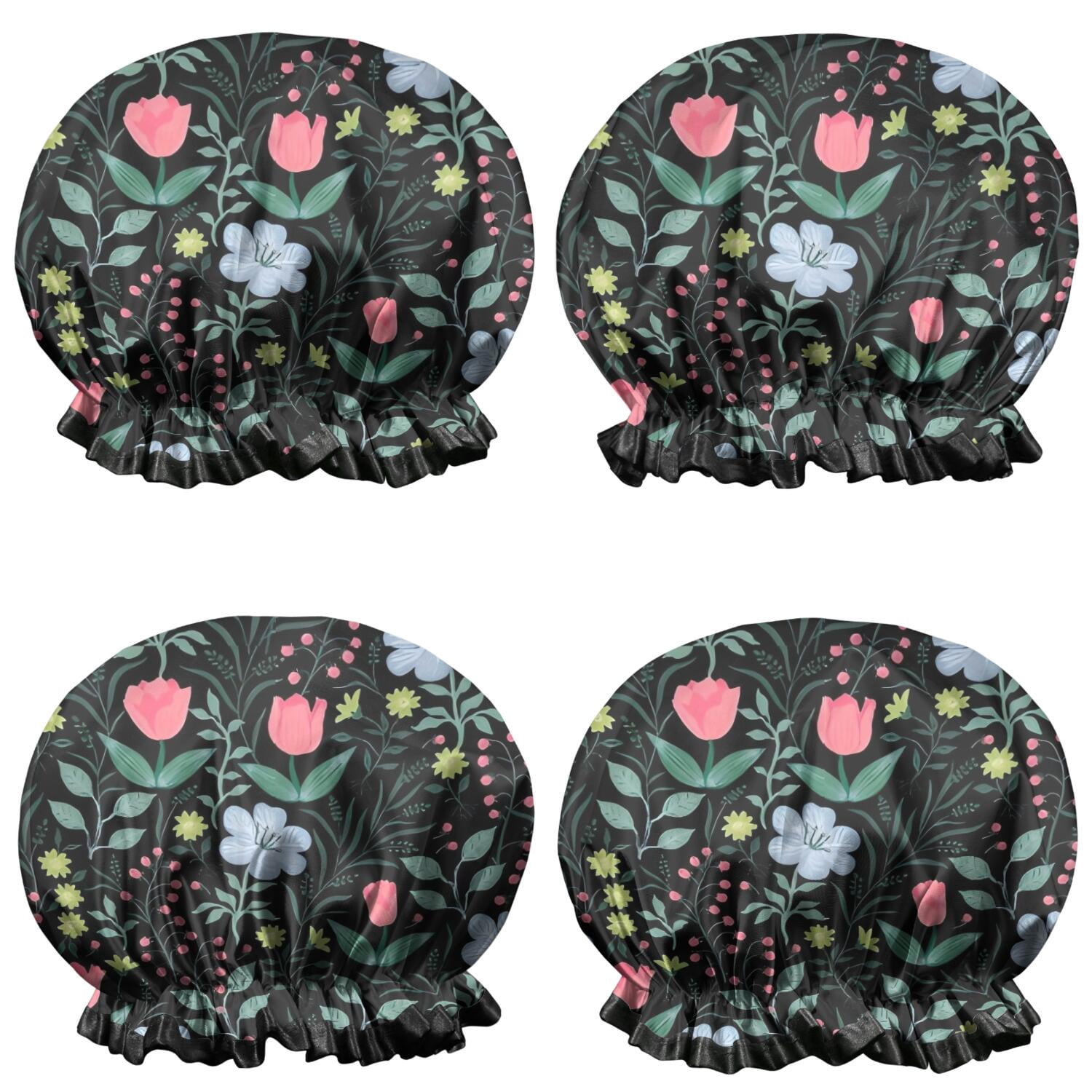 Shower Caps,Pioneer Flower Floral Print Pattern Waterproof Shower Cap for Women 4 Pieces,Double Reusable Hair Cover for Shower PEVA Elastic Stretch Hem