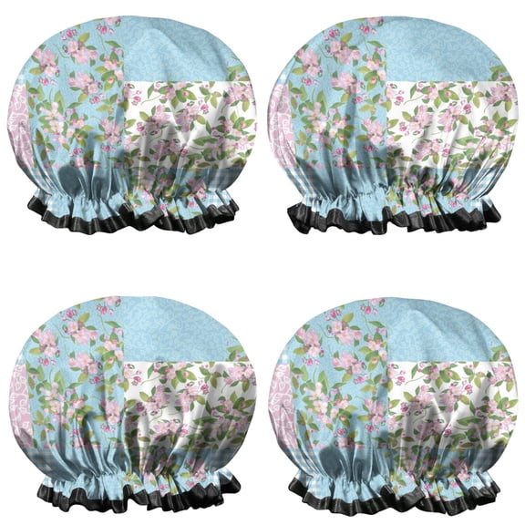 Shower Caps,Pioneer Flower Floral Print Pattern Waterproof Shower Cap for Women 4 Pieces,Double Reusable Hair Cover for Shower PEVA Elastic Stretch Hem