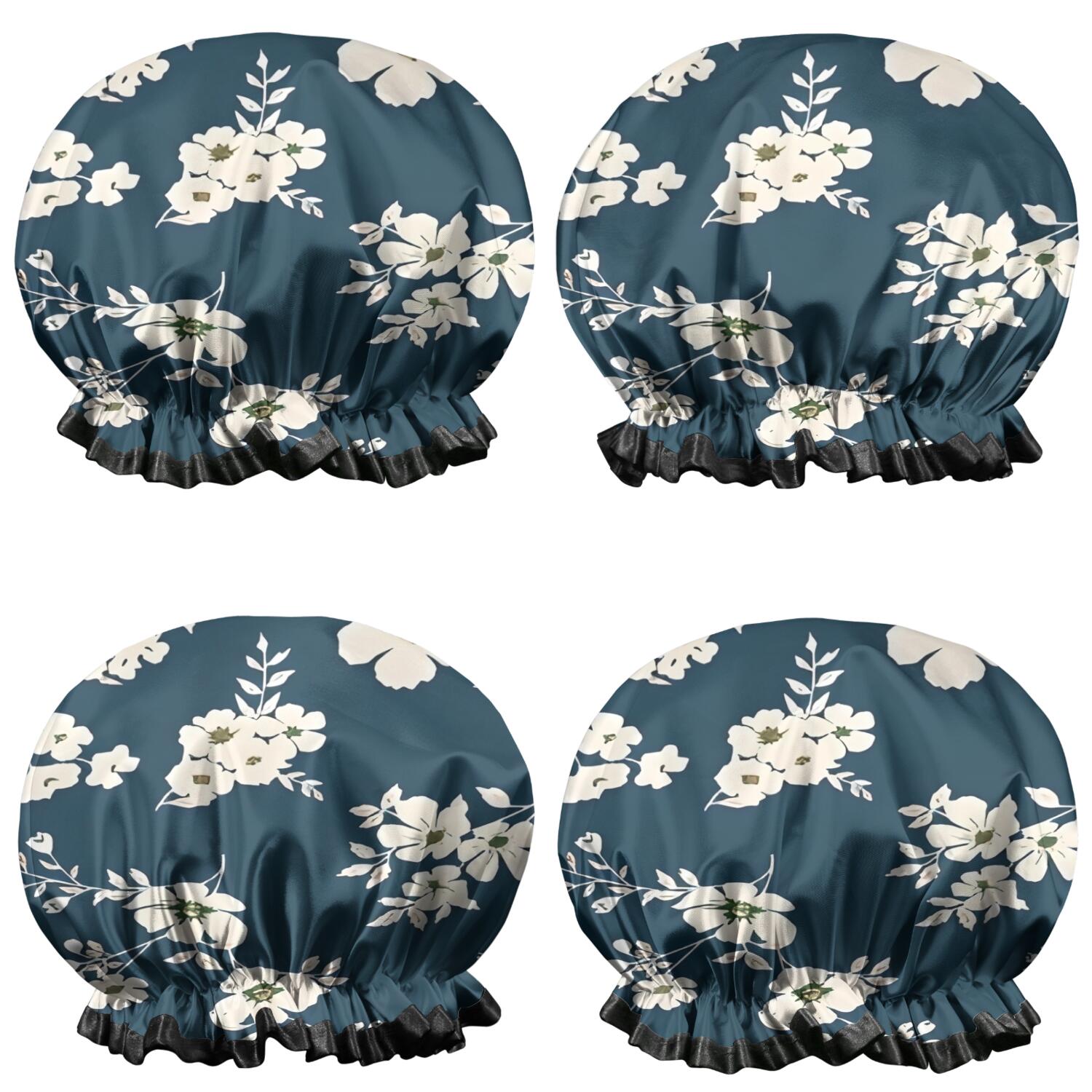 Shower Caps,Pioneer Flower Floral Print Pattern Waterproof Shower Cap for Women 4 Pieces,Double Reusable Hair Cover for Shower PEVA Elastic Stretch Hem