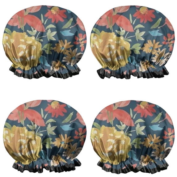 Shower Caps,Pioneer Flower Floral Print Pattern Waterproof Shower Cap for Women 4 Pieces,Double Reusable Hair Cover for Shower PEVA Elastic Stretch Hem