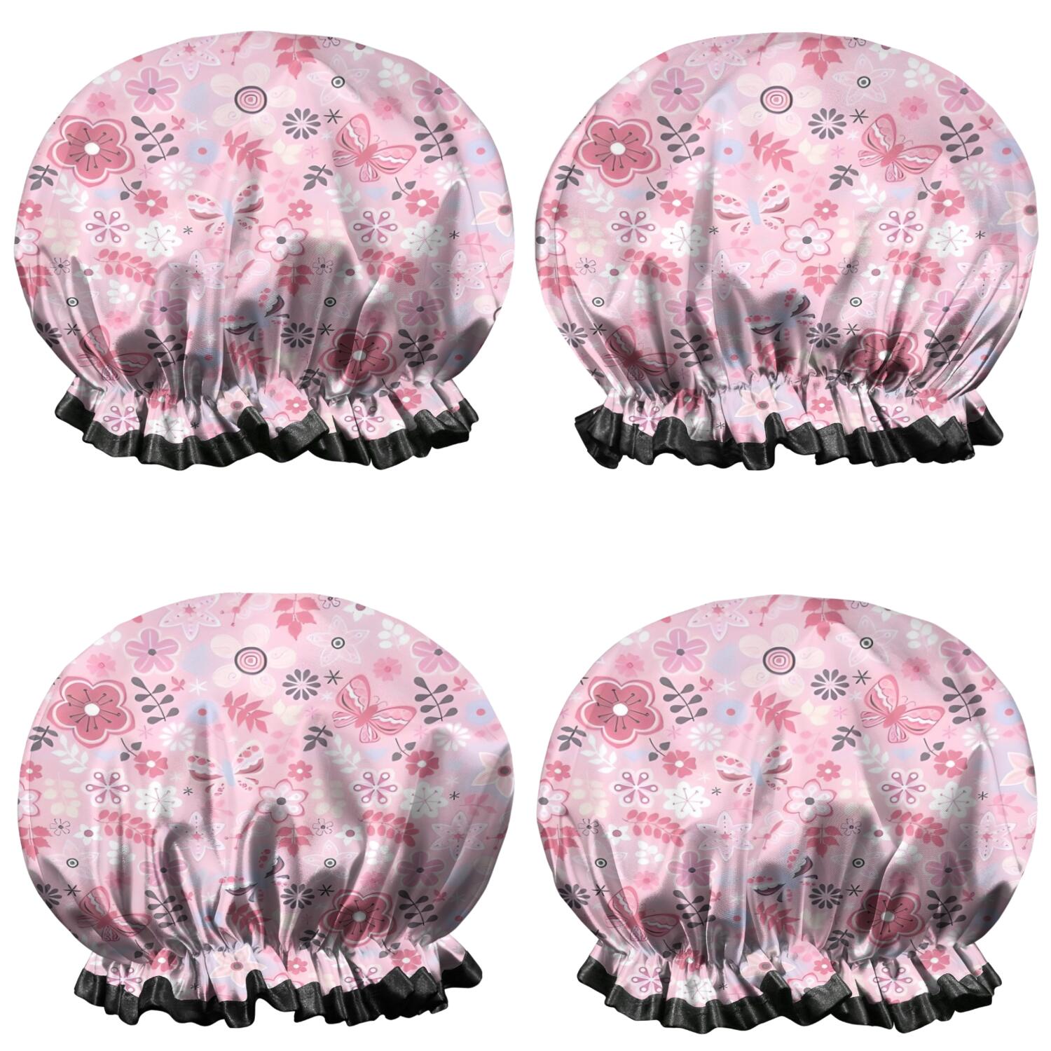 Shower Caps,Pioneer Flower Floral Print Pattern Waterproof Shower Cap for Women 4 Pieces,Double Reusable Hair Cover for Shower PEVA Elastic Stretch Hem