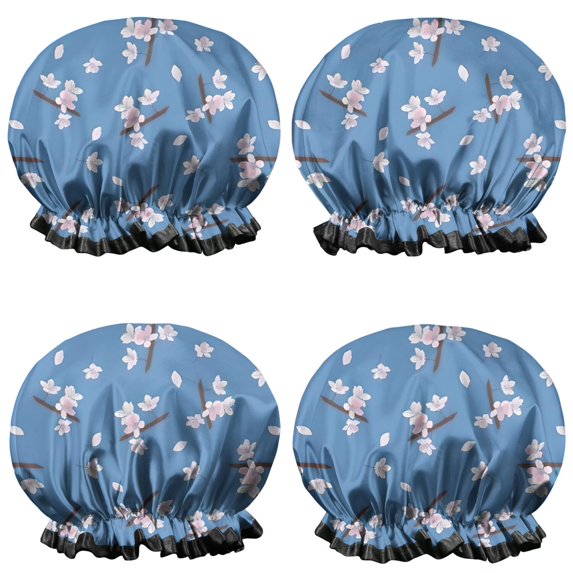 Shower Caps,Pioneer Flower Floral Print Pattern Waterproof Shower Cap for Women 4 Pieces,Double Reusable Hair Cover for Shower PEVA Elastic Stretch Hem