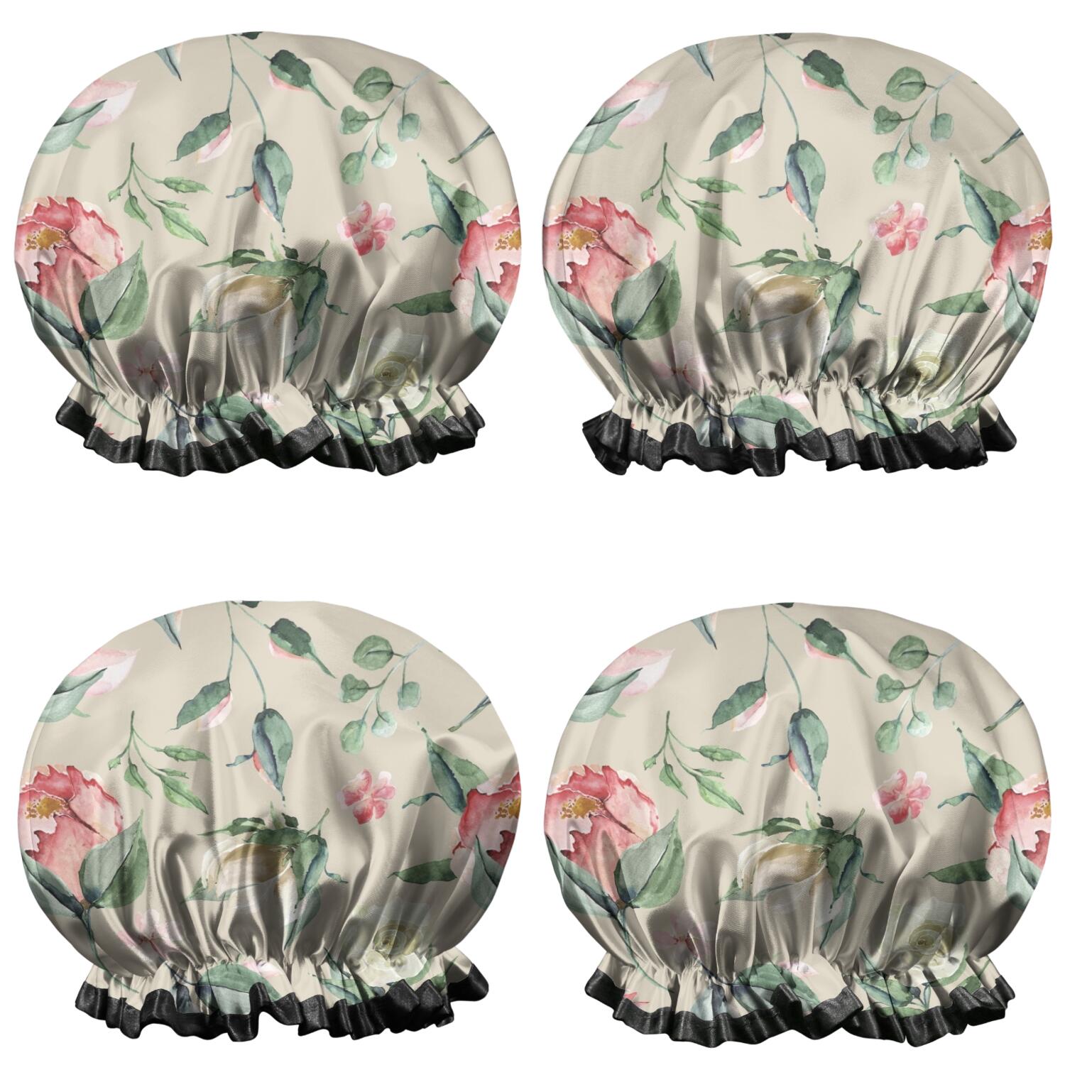Shower Caps,Pioneer Flower Floral Print Pattern Waterproof Shower Cap for Women 4 Pieces,Double Reusable Hair Cover for Shower PEVA Elastic Stretch Hem