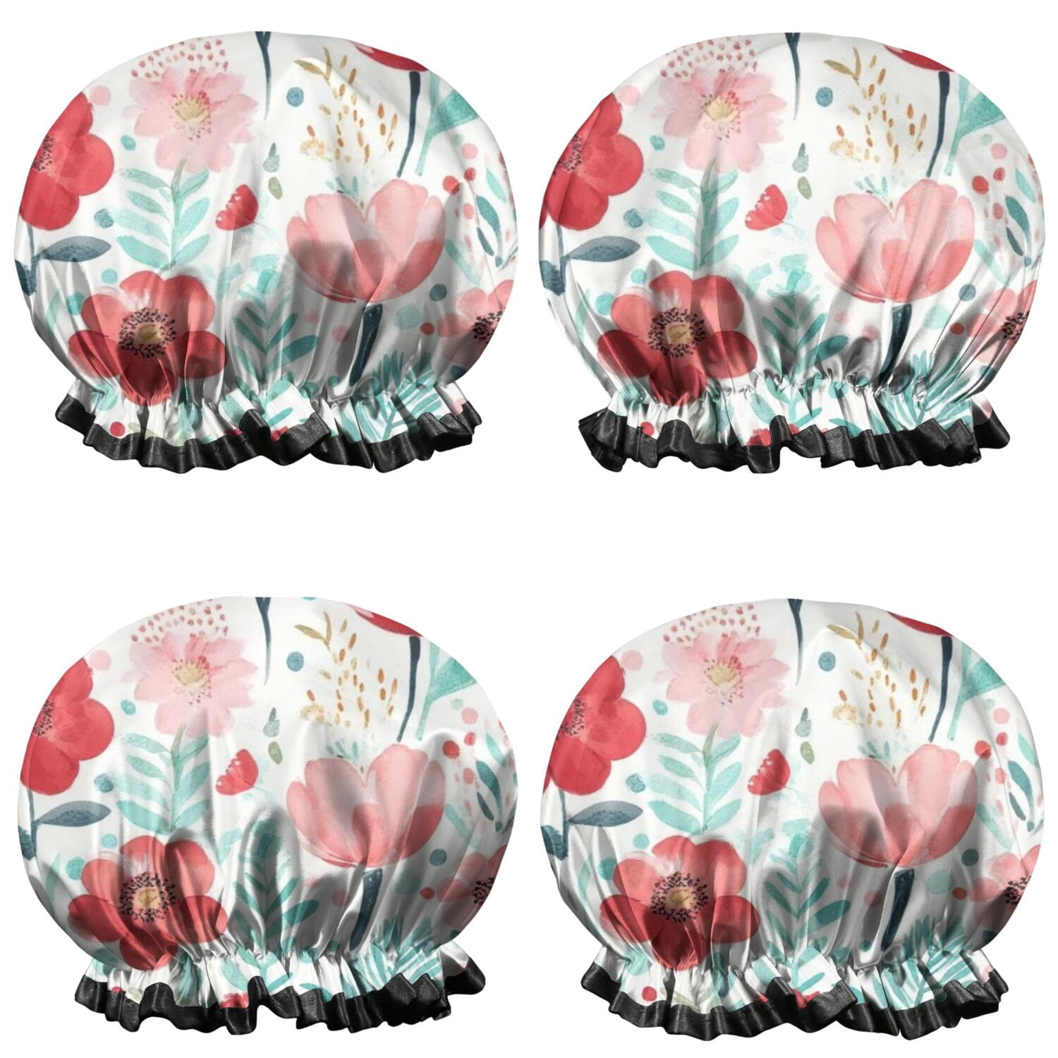 Shower Caps,Pioneer Flower Floral Print Pattern Waterproof Shower Cap for Women 4 Pieces,Double Reusable Hair Cover for Shower PEVA Elastic Stretch Hem