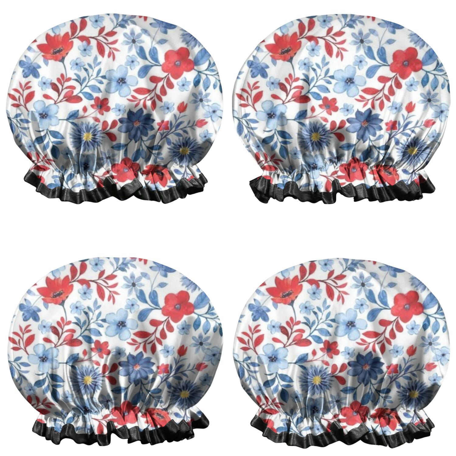 Shower Caps,Pioneer Flower Floral Print Pattern Waterproof Shower Cap for Women 4 Pieces,Double Reusable Hair Cover for Shower PEVA Elastic Stretch Hem