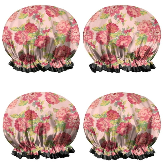 Shower Caps,Pioneer Flower Floral Print Pattern Waterproof Shower Cap for Women 4 Pieces,Double Reusable Hair Cover for Shower PEVA Elastic Stretch Hem