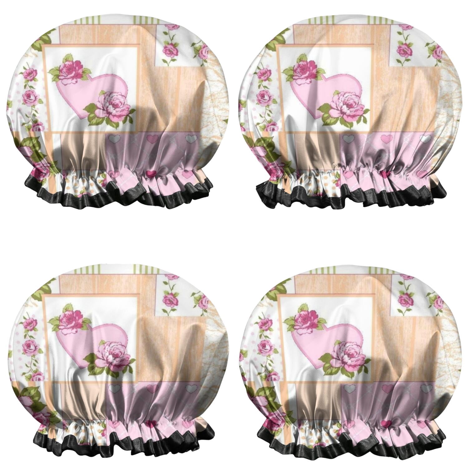 Shower Caps,Pioneer Flower Floral Print Pattern Waterproof Shower Cap for Women 4 Pieces,Double Reusable Hair Cover for Shower PEVA Elastic Stretch Hem