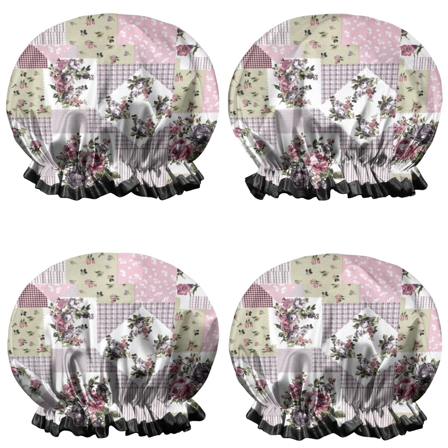 Shower Caps,Pioneer Flower Floral Print Pattern Waterproof Shower Cap for Women 4 Pieces,Double Reusable Hair Cover for Shower PEVA Elastic Stretch Hem