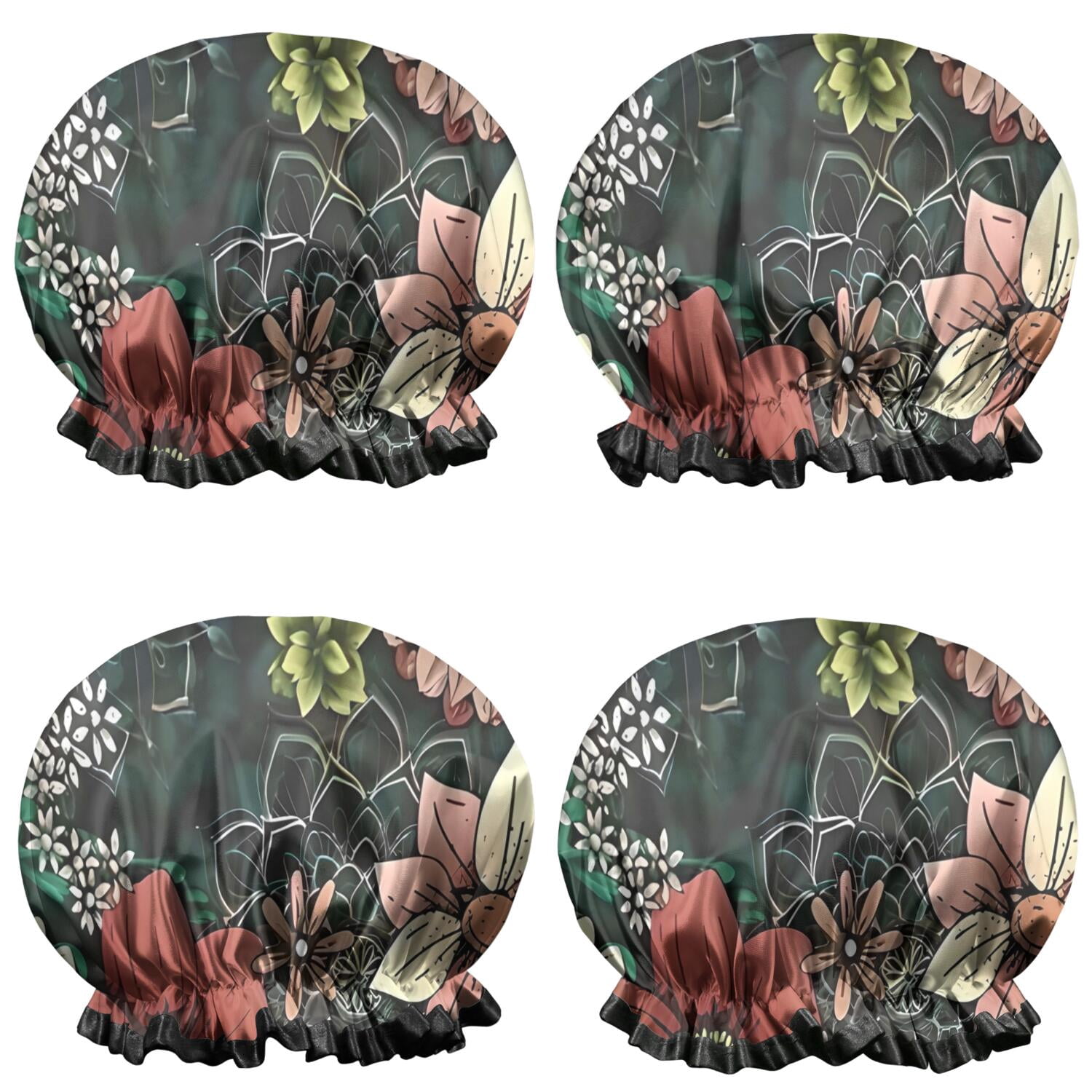 Shower Caps,Pioneer Flower Floral Print Pattern Waterproof Shower Cap for Women 4 Pieces,Double Reusable Hair Cover for Shower PEVA Elastic Stretch Hem