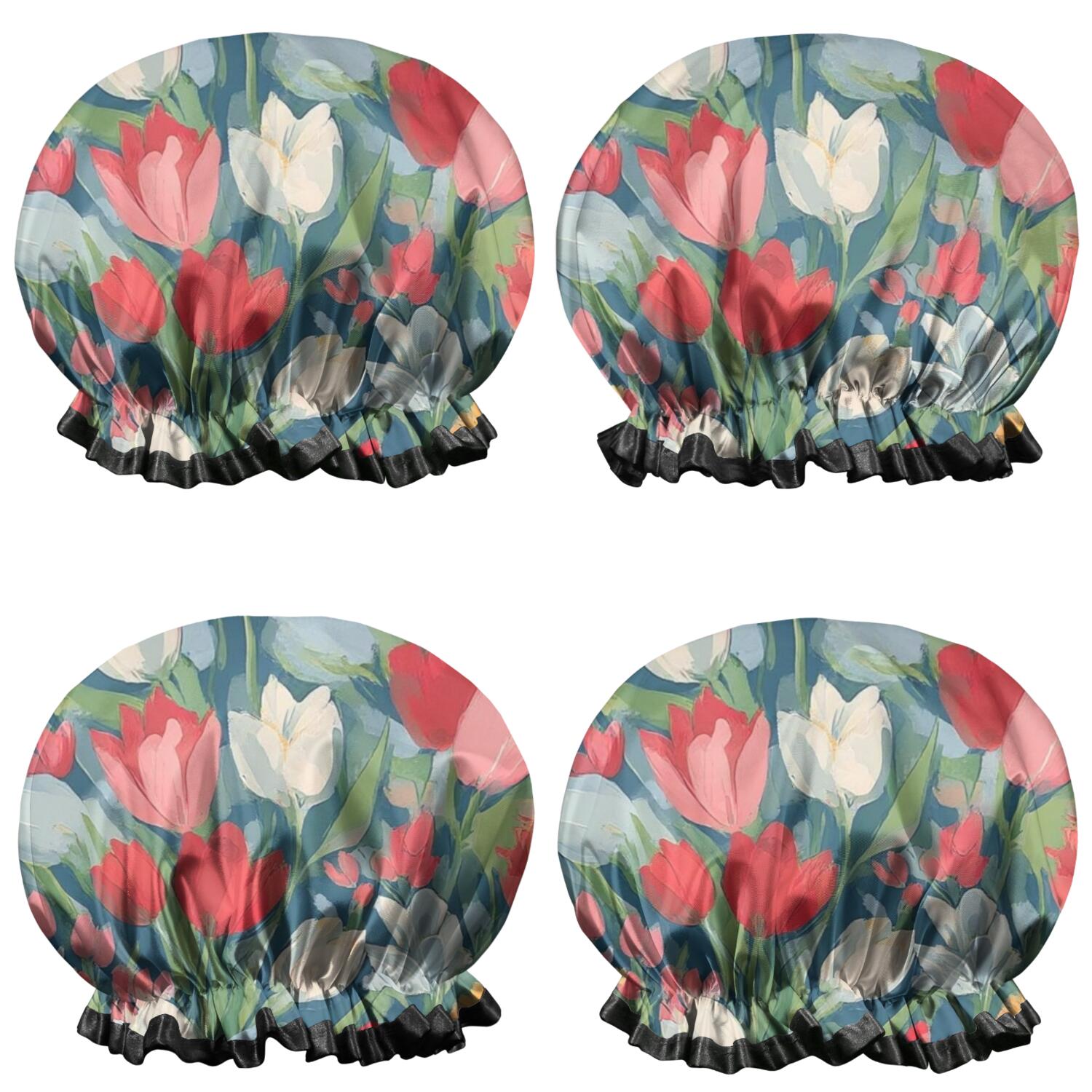Shower Caps,Pioneer Flower Floral Print Pattern Waterproof Shower Cap for Women 4 Pieces,Double Reusable Hair Cover for Shower PEVA Elastic Stretch Hem