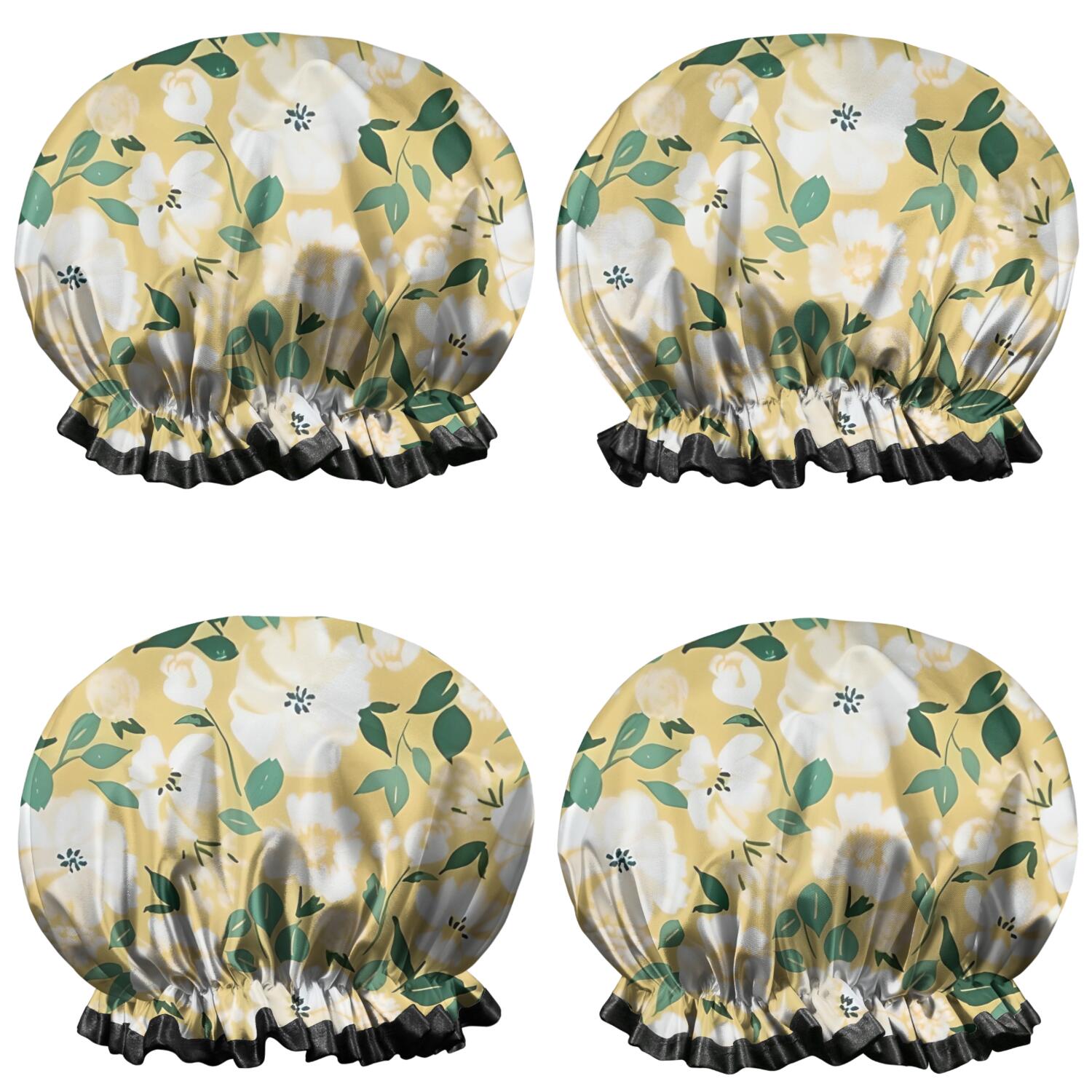 Shower Caps,Pioneer Flower Floral Print Pattern Waterproof Shower Cap for Women 4 Pieces,Double Reusable Hair Cover for Shower PEVA Elastic Stretch Hem