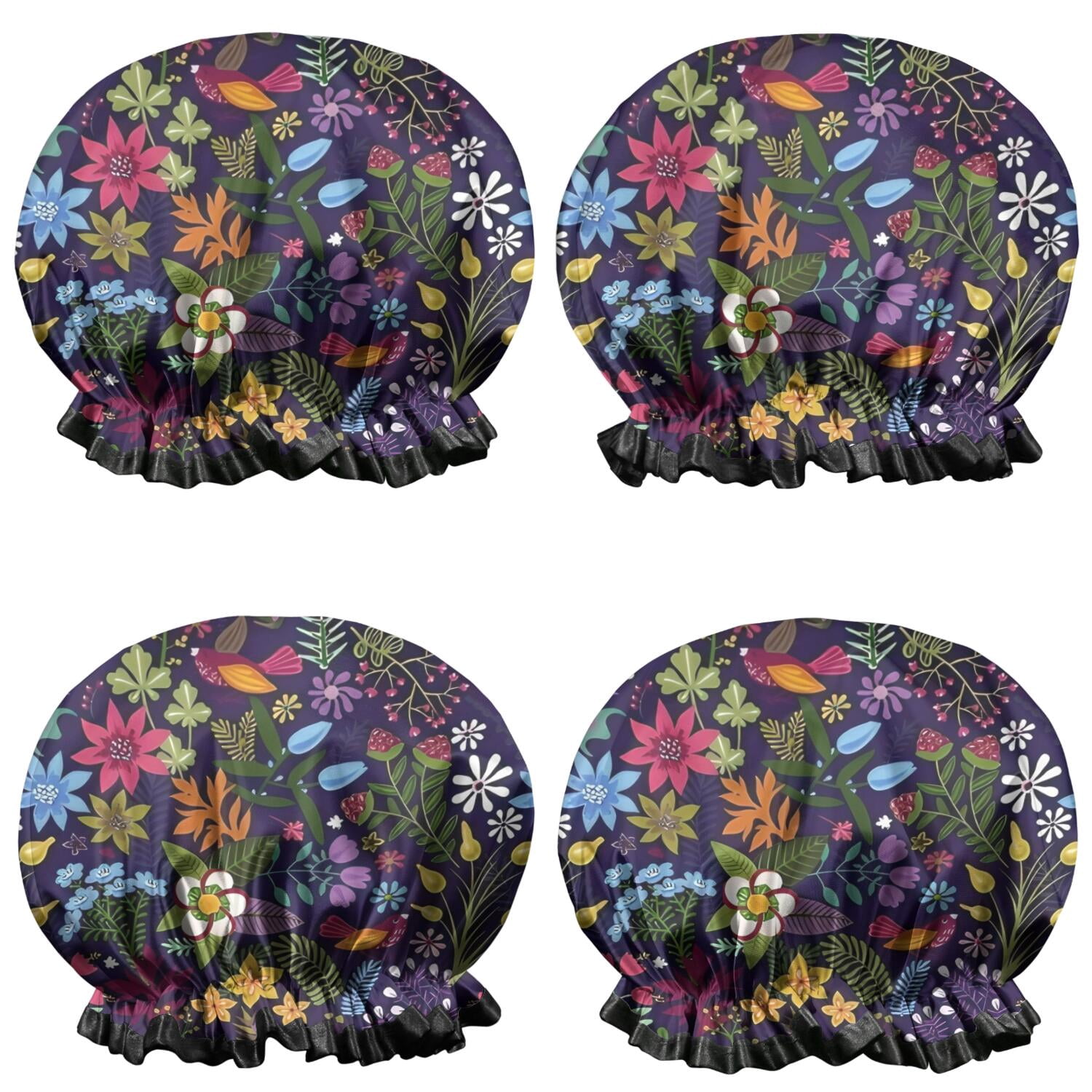 Shower Caps,Pioneer Flower Floral Print Pattern Waterproof Shower Cap for Women 4 Pieces,Double Reusable Hair Cover for Shower PEVA Elastic Stretch Hem