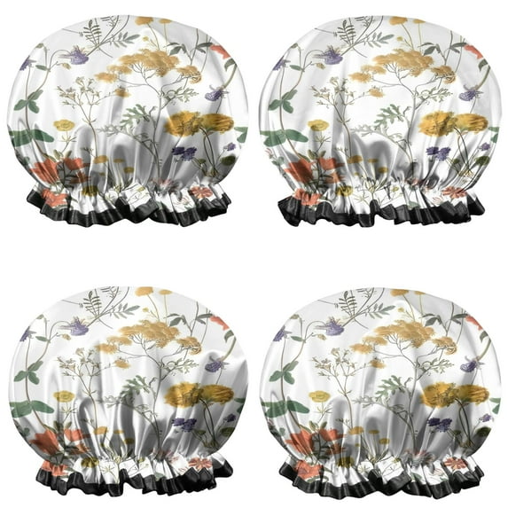 Shower Caps,Pioneer Flower Floral Print Pattern Waterproof Shower Cap for Women 4 Pieces,Double Reusable Hair Cover for Shower PEVA Elastic Stretch Hem
