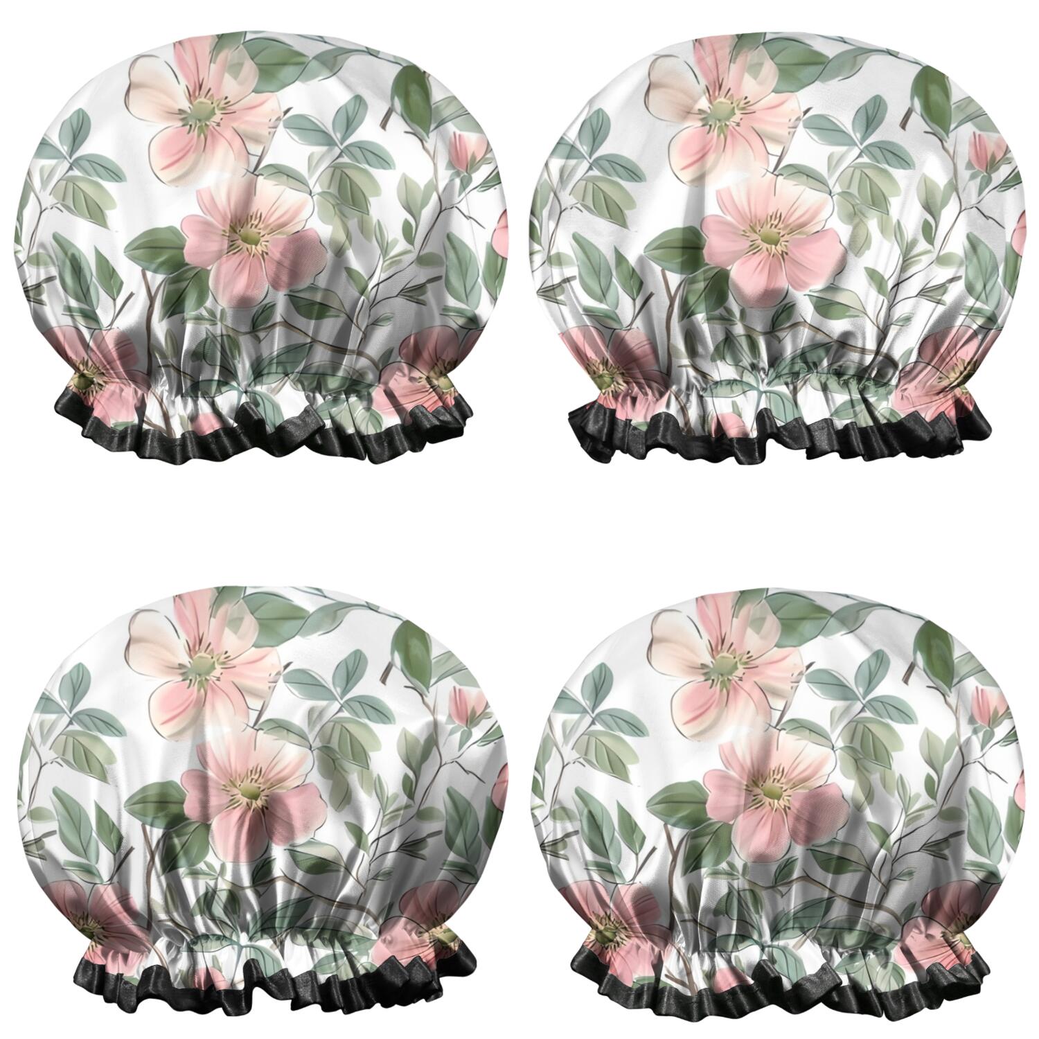 Shower Caps,Pioneer Flower Floral Print Pattern Waterproof Shower Cap for Women 4 Pieces,Double Reusable Hair Cover for Shower PEVA Elastic Stretch Hem
