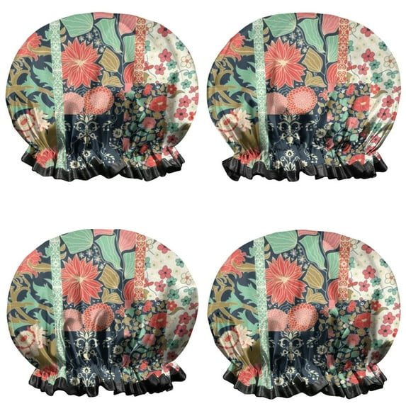 Shower Caps,Pioneer Flower Floral Print Pattern Waterproof Shower Cap for Women 4 Pieces,Double Reusable Hair Cover for Shower PEVA Elastic Stretch Hem