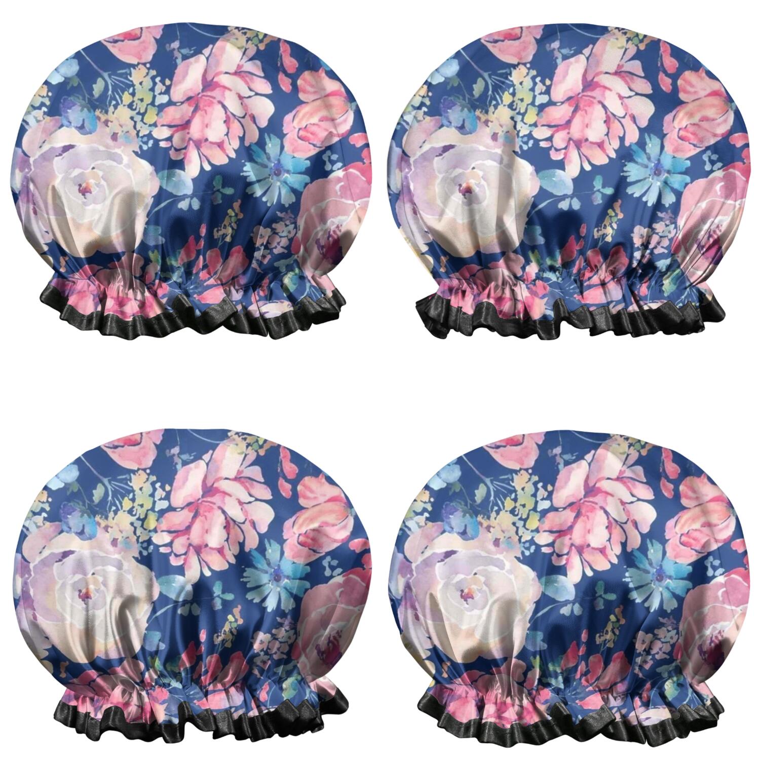 Shower Caps,Pioneer Flower Floral Print Pattern Waterproof Shower Cap for Women 4 Pieces,Double Reusable Hair Cover for Shower PEVA Elastic Stretch Hem