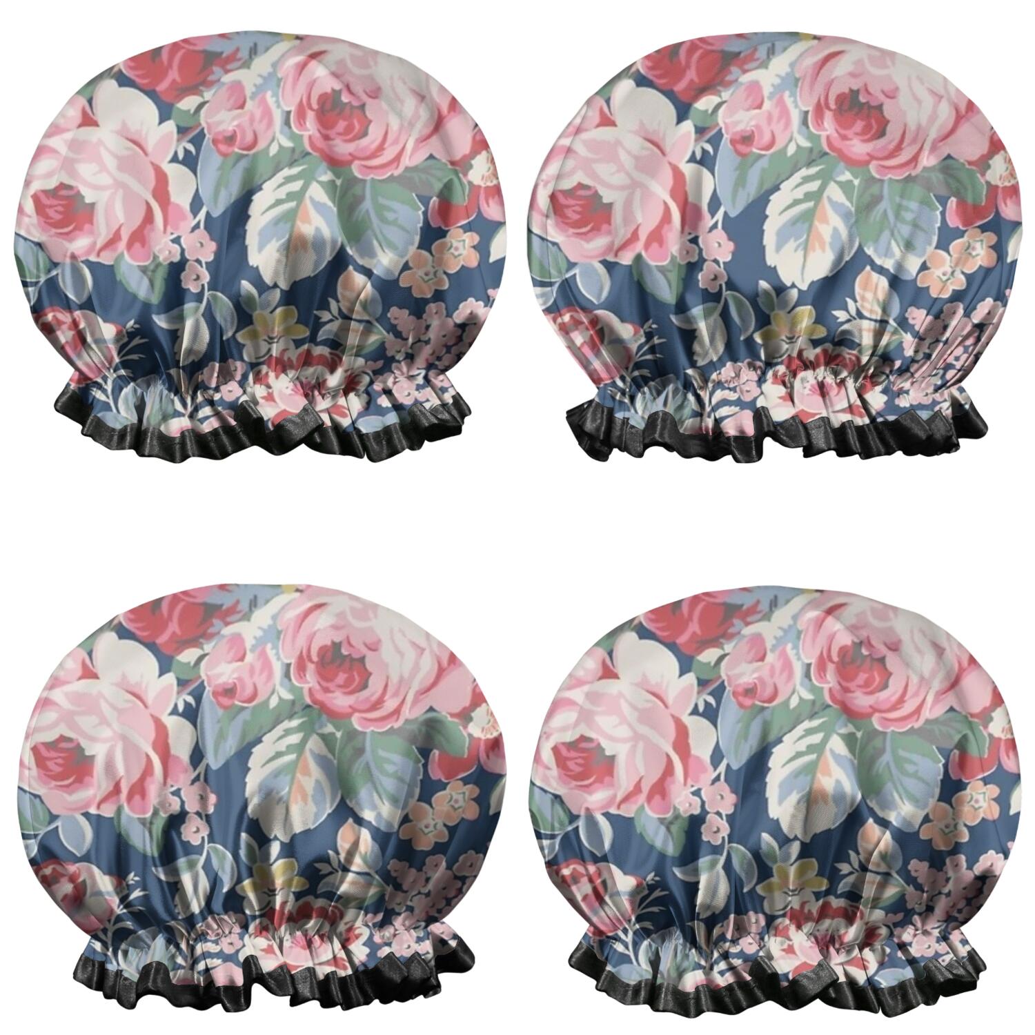 Shower Caps,Pioneer Flower Floral Print Pattern Waterproof Shower Cap for Women 4 Pieces,Double Reusable Hair Cover for Shower PEVA Elastic Stretch Hem