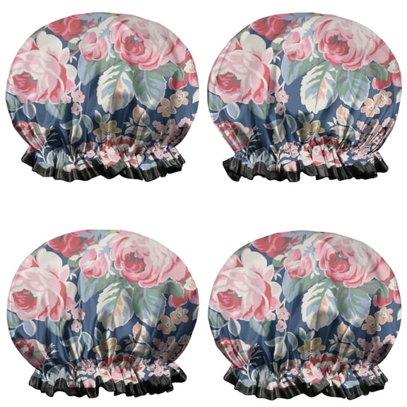 Shower Caps,Pioneer Flower Floral Print Pattern Waterproof Shower Cap for Women 4 Pieces,Double Reusable Hair Cover for Shower PEVA Elastic Stretch Hem