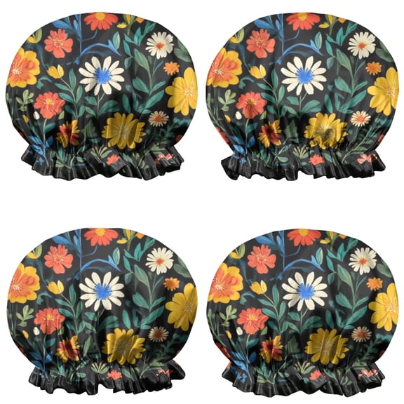 Shower Caps,Pioneer Flower Floral Print Pattern Waterproof Shower Cap for Women 4 Pieces,Double Reusable Hair Cover for Shower PEVA Elastic Stretch Hem