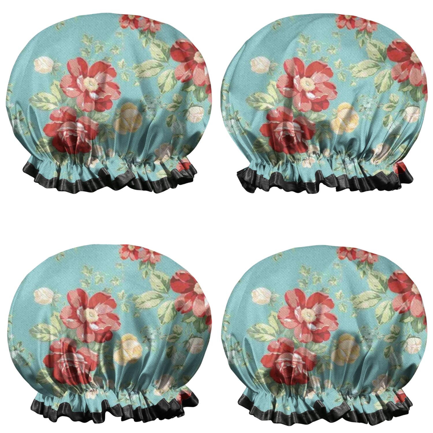 Shower Caps,Pioneer Flower Floral Print Pattern Waterproof Shower Cap for Women 4 Pieces,Double Reusable Hair Cover for Shower PEVA Elastic Stretch Hem