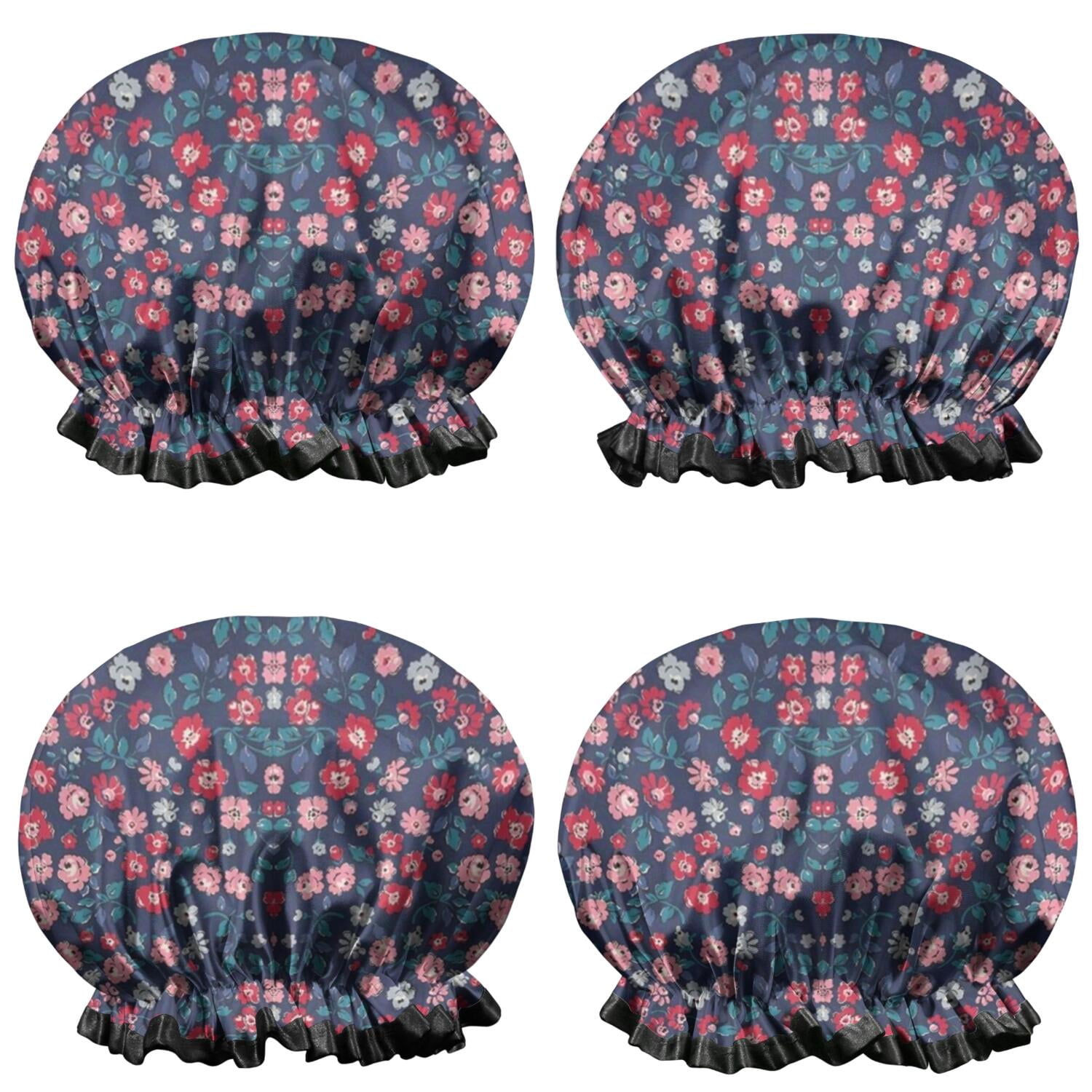 Shower Caps,Pioneer Flower Floral Print Pattern Waterproof Shower Cap for Women 4 Pieces,Double Reusable Hair Cover for Shower PEVA Elastic Stretch Hem
