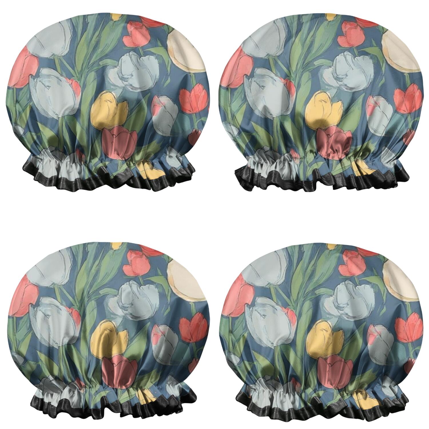 Shower Caps,Pioneer Flower Floral Print Pattern Waterproof Shower Cap for Women 4 Pieces,Double Reusable Hair Cover for Shower PEVA Elastic Stretch Hem