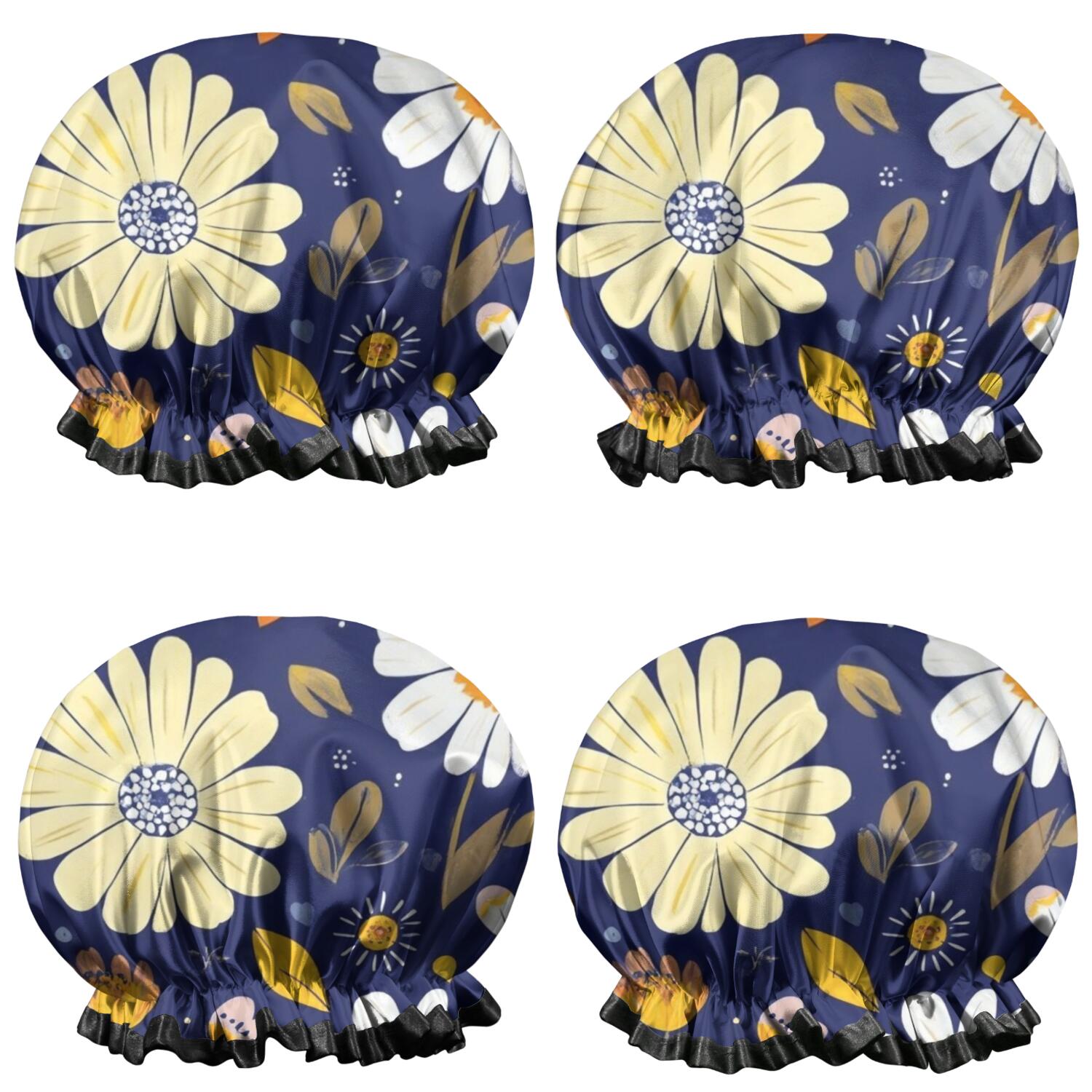 Shower Caps,Pioneer Flower Floral Print Pattern Waterproof Shower Cap for Women 4 Pieces,Double Reusable Hair Cover for Shower PEVA Elastic Stretch Hem