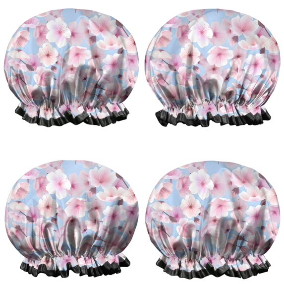 Shower Caps,Pioneer Flower Floral Print Pattern Waterproof Shower Cap for Women 4 Pieces,Double Reusable Hair Cover for Shower PEVA Elastic Stretch Hem
