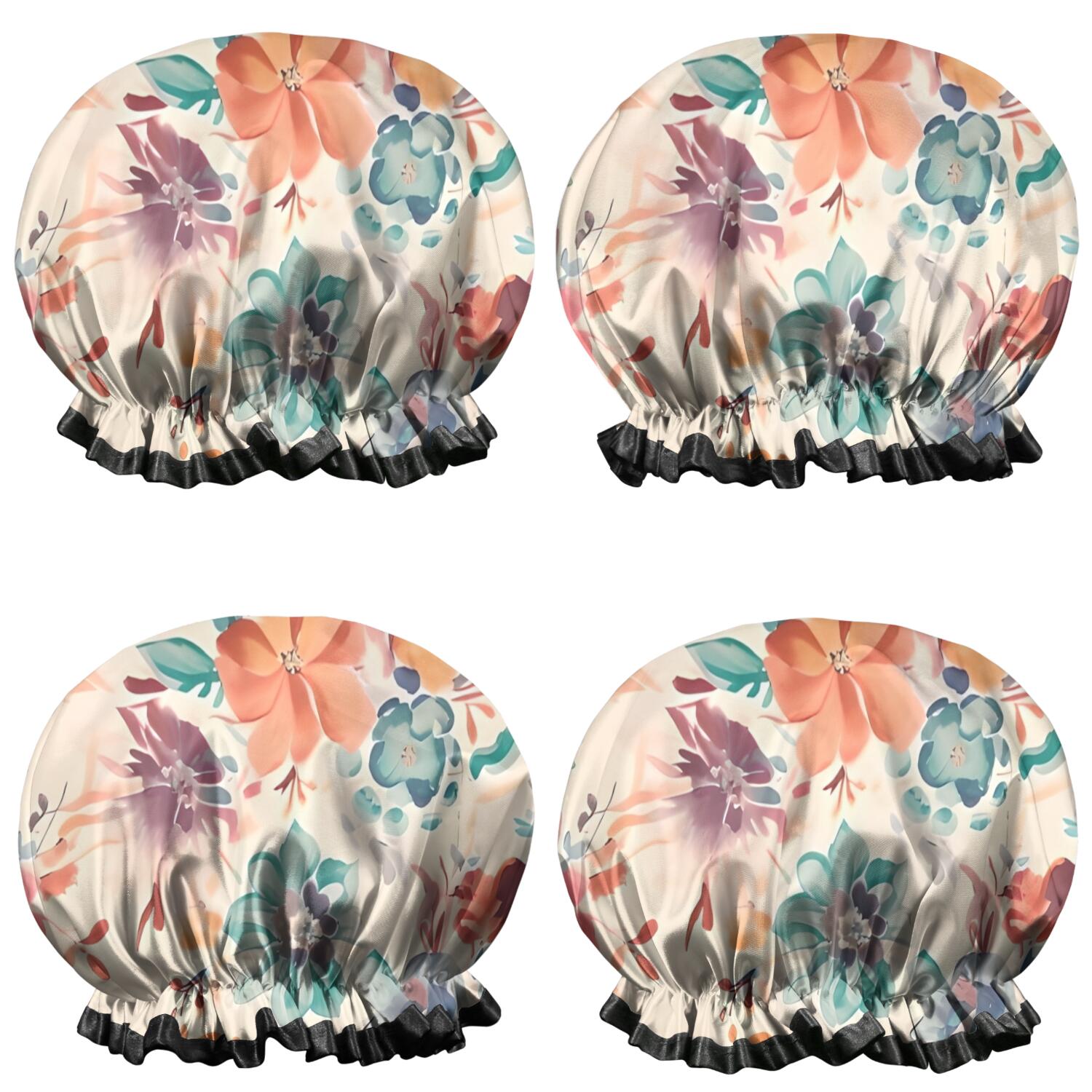 Shower Caps,Pioneer Flower Floral Print Pattern Waterproof Shower Cap for Women 4 Pieces,Double Reusable Hair Cover for Shower PEVA Elastic Stretch Hem